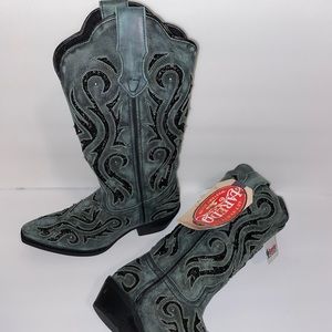 Boots w Heel, Denim like Turquoise Color, Black Sequin Design